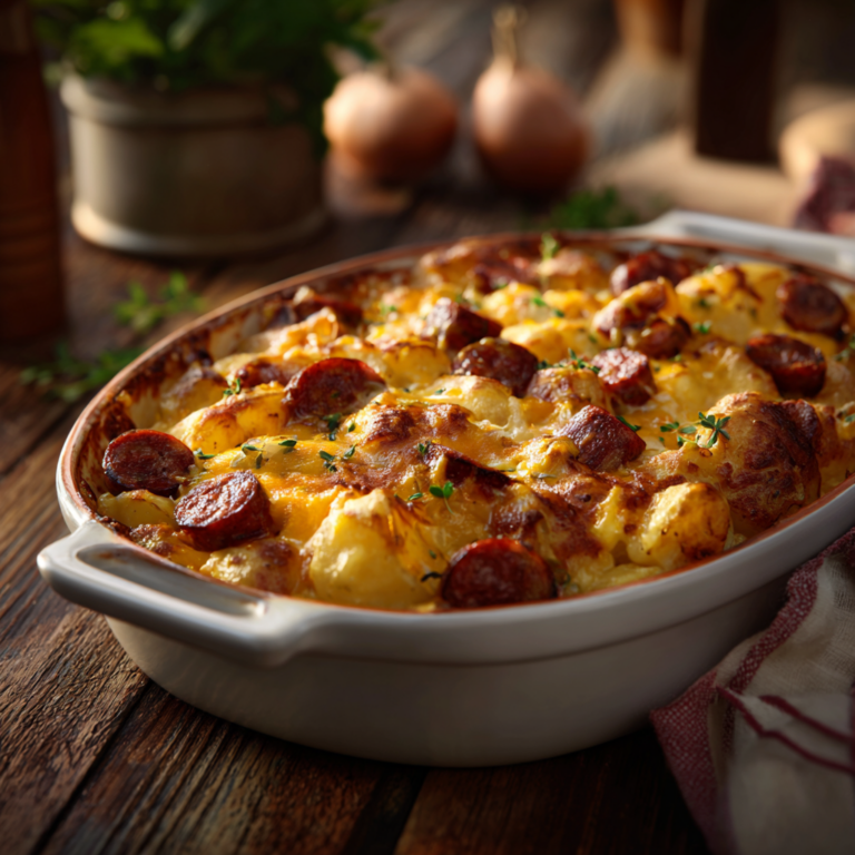 Pommes de terre au cheddar et saucisse fumée – Plat simple et gourmand