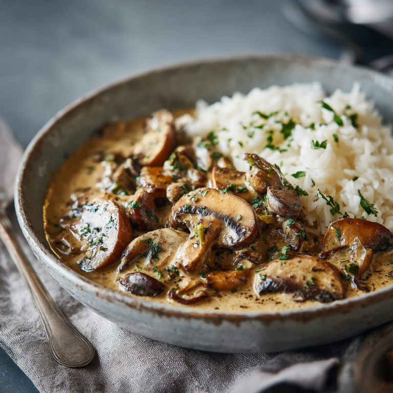 Stroganoff de champignons au riz complet – Recette végétarienne crémeuse