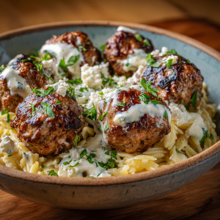 Boulettes grecques à l’orzo citronné et crème de feta
