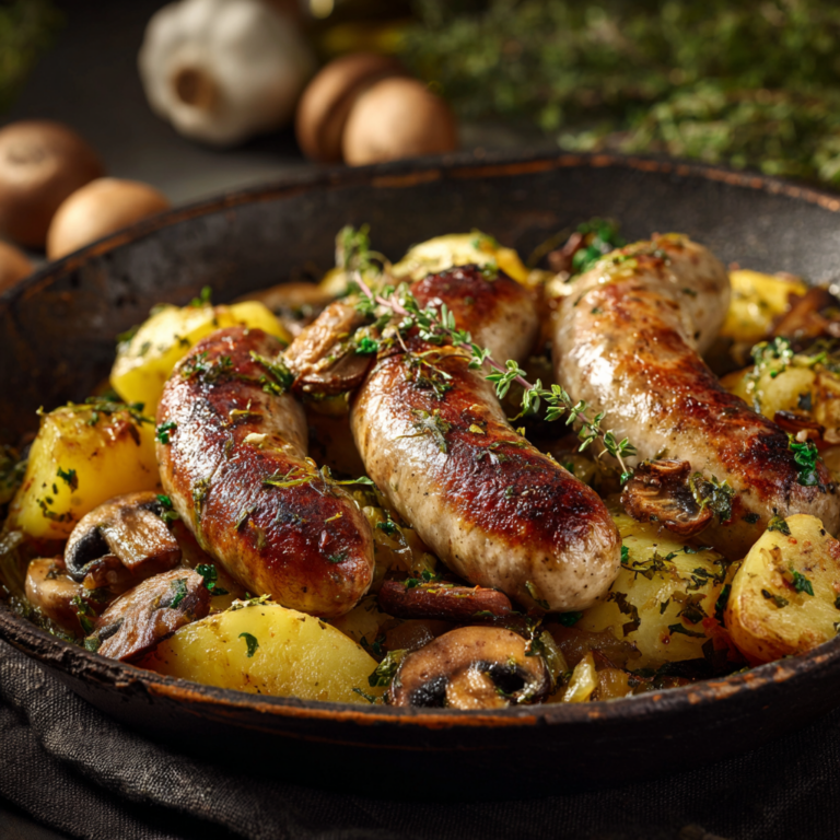 Saucisses, champignons et pommes de terre au four – Recette facile