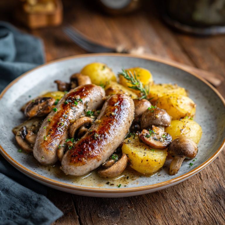 Saucisses, Champignons et Pommes de Terre au Four – Recette Simple et Gourmande