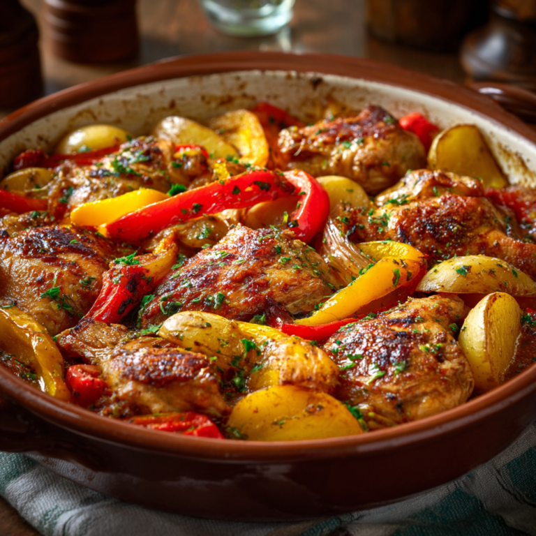 Poulet aux poivrons et pommes de terre en sauce : un plat familial généreux et savoureux